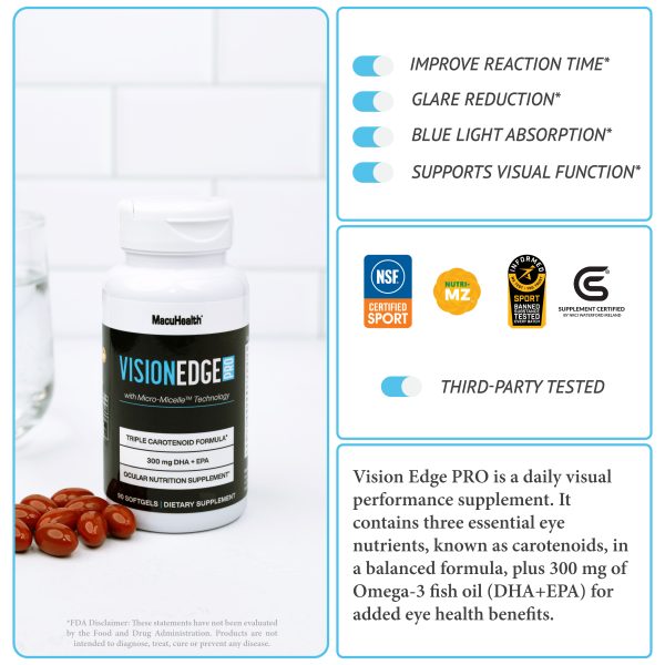 Vision Edge PRO bottle with benefits listed including reaction time, glare reduction, and third-party certifications